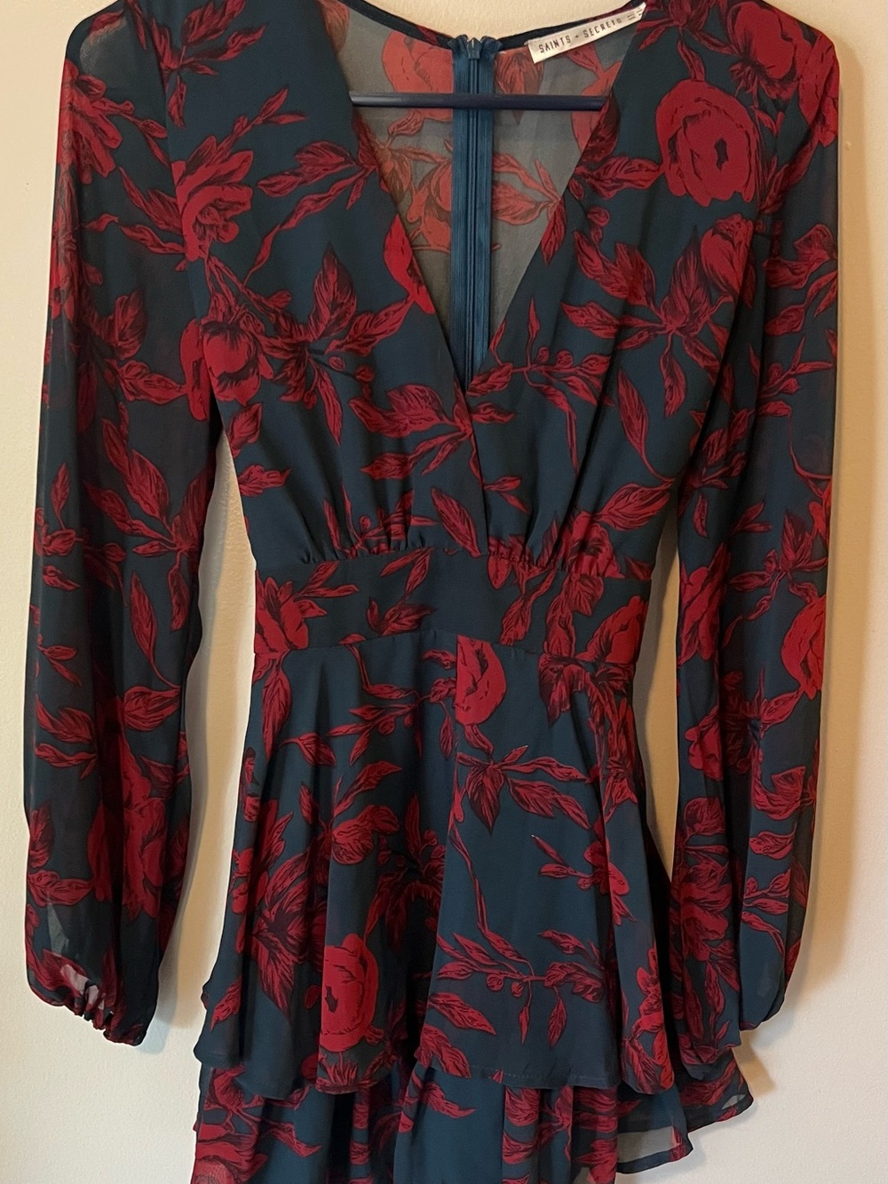 Saints & Secrets V-neck Red And Teal chiffon Ruffle  Floral romper dress